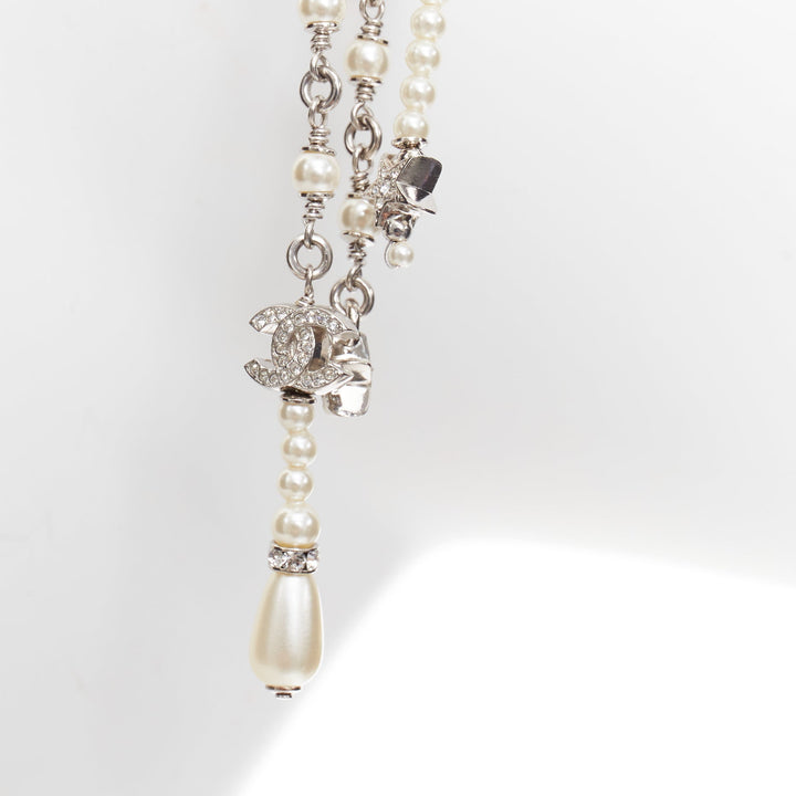 CHANEL C25S Swallow silver tone glass pearls rhinestones drop earrings Pair