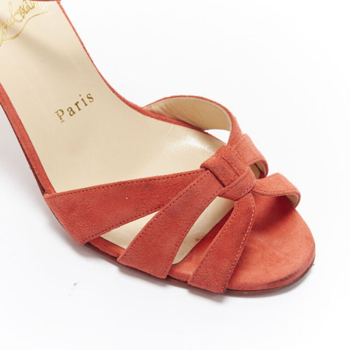 CHRISTIAN LOUBOUTIN red suede strappy ankle strap curved mid heel sandals EU37