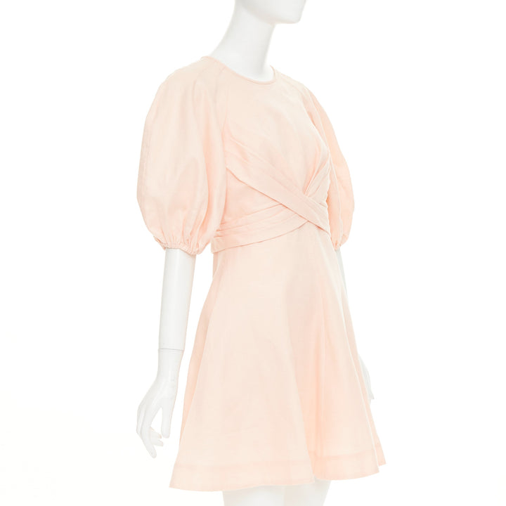 ZIMMERMANN 2022 Wrap Bodice soft blush pink linen puff sleeve dress US1 XS