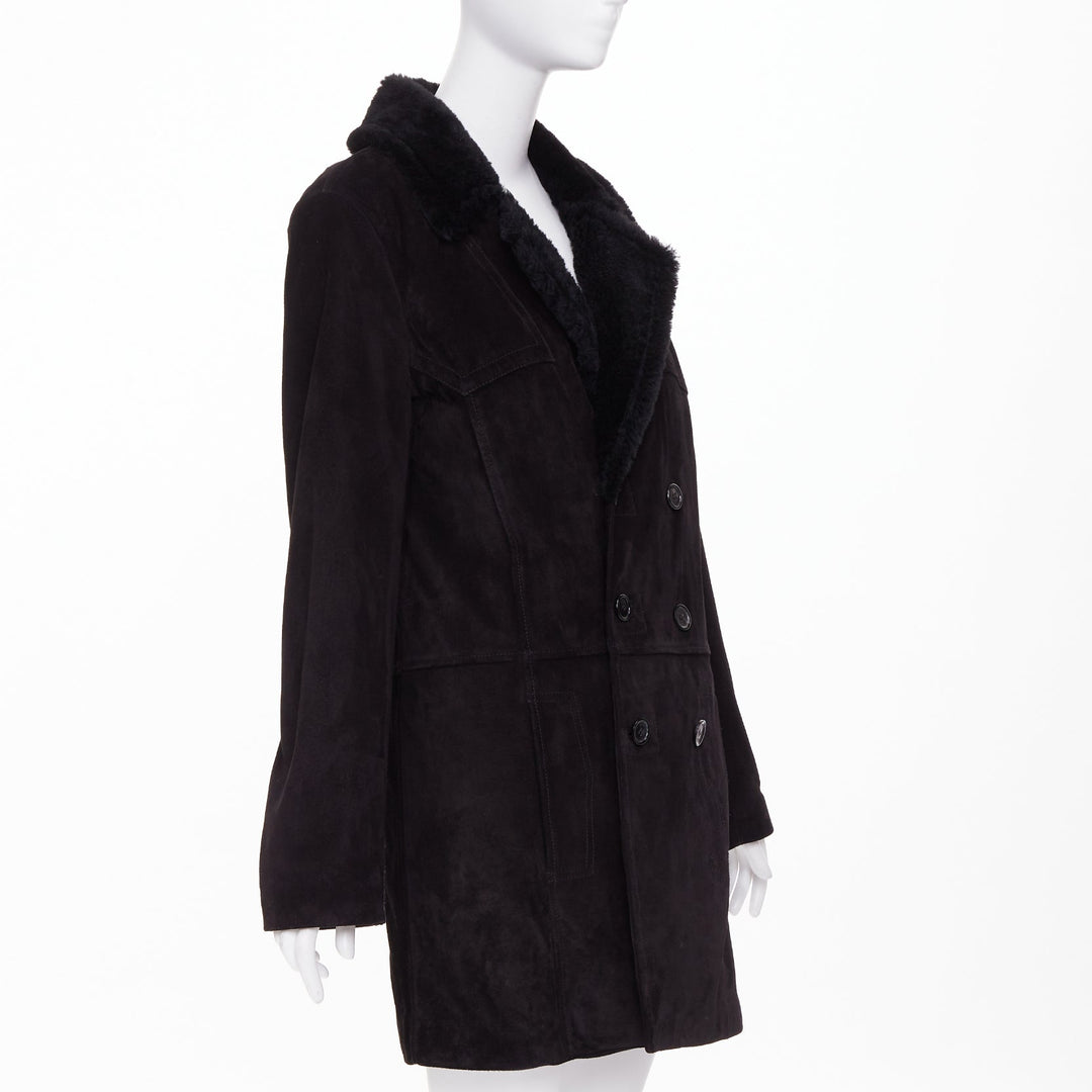 SAINT LAURENT 2022 black suede shearling lined double breasted coat EU44 XS