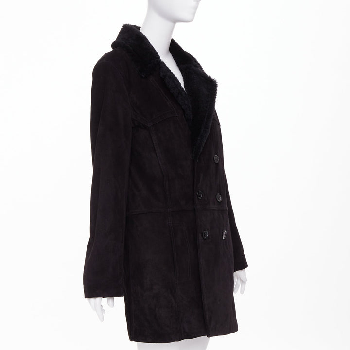 SAINT LAURENT 2022 black suede shearling lined double breasted coat EU44 XS