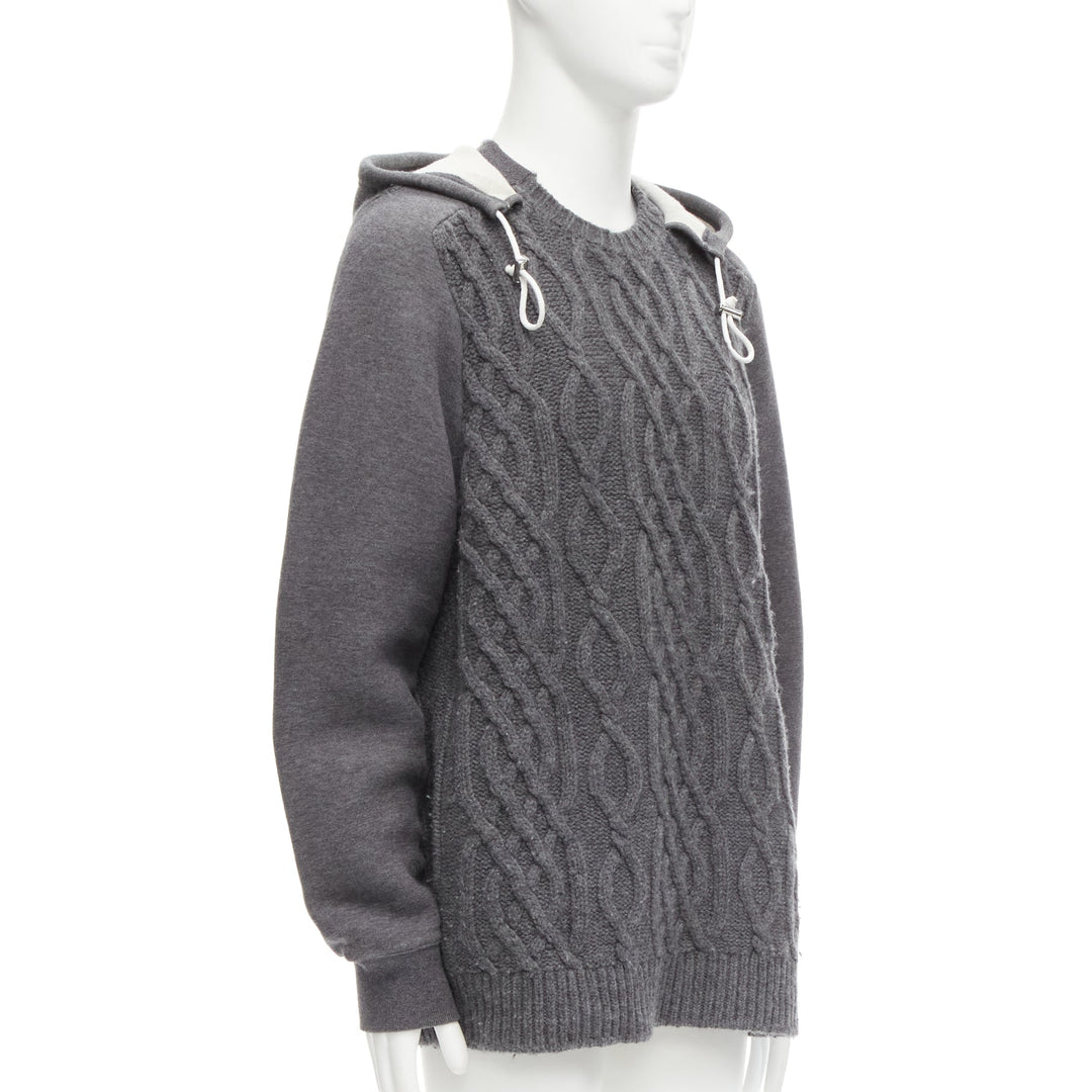 SACAI 2015 grey 100% wool cable knit contrast hood sweater JP3 L
