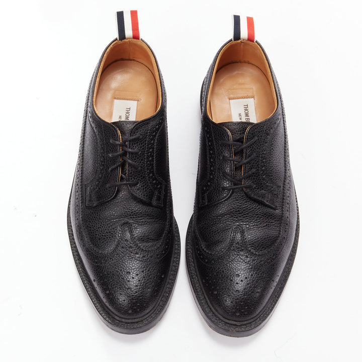 THOM BROWNE black grained leather perforated oxford brogue shoes EU42.5