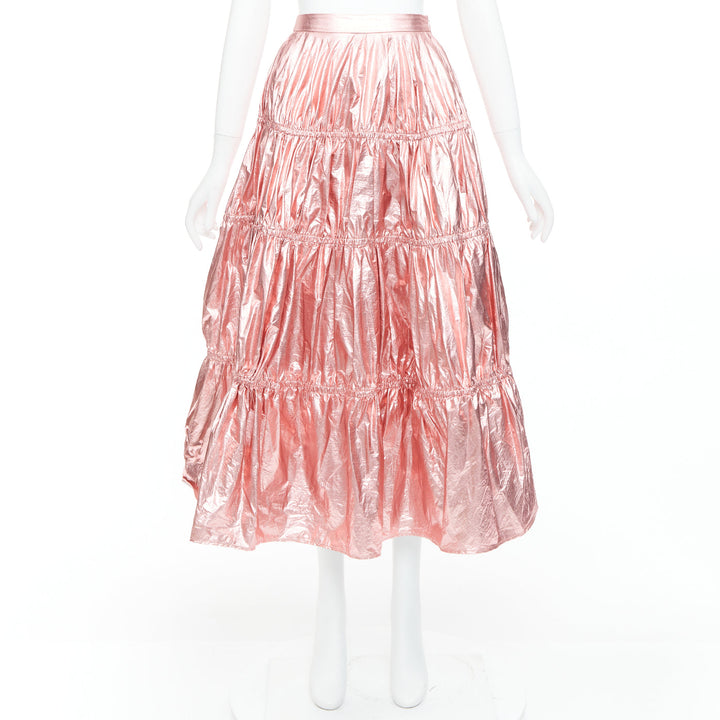 REJINA PYO metallic pink nylon high waist tiered A-line skirt UK6 XS