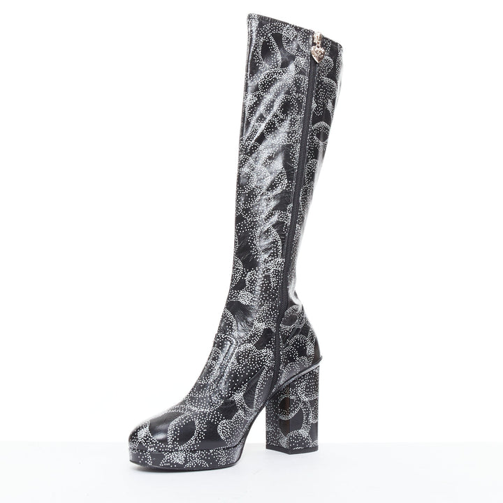 CHANEL 23A Runway white black CC camellia dotted logo print tall boots EU39