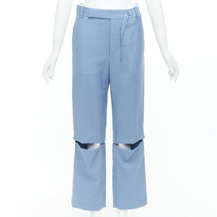 CELINE Phoebe Philo blue mohair wool knee cut out wide trousers FR36 S