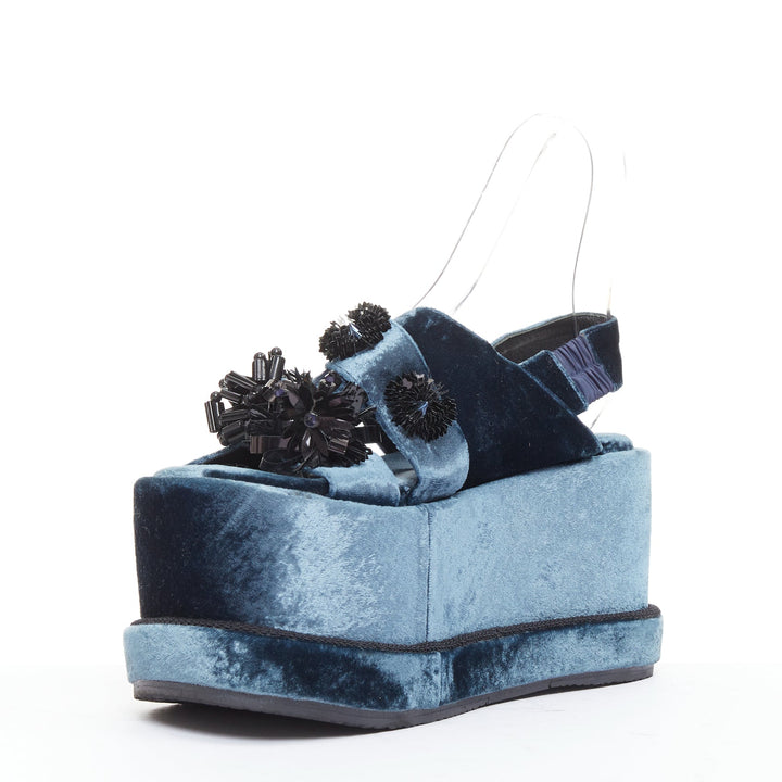 BIYAN blue velvet black beads sequin embellished platform wedges shoes EU39