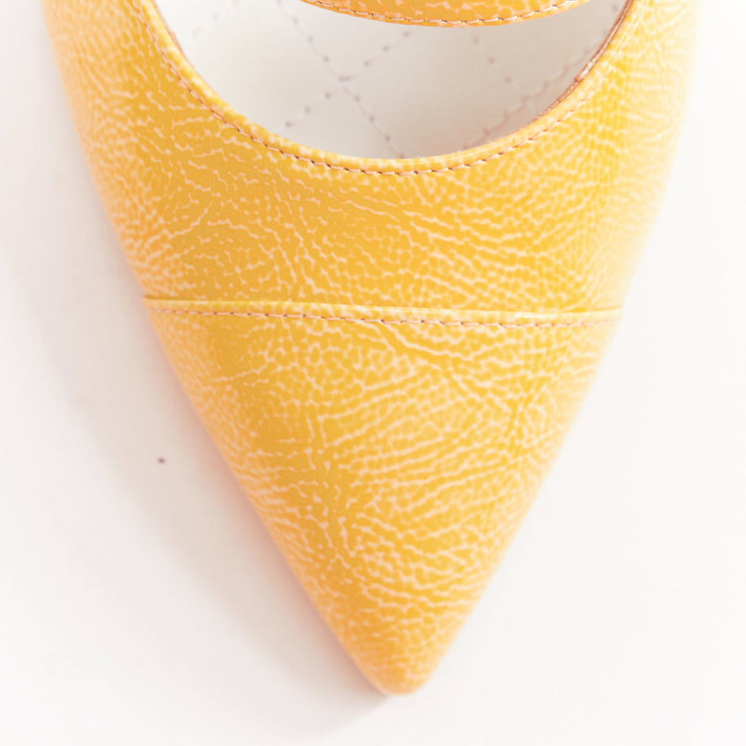CHANEL 14C butter yellow patent leather CC logo bow maryjane pumps EU37.5