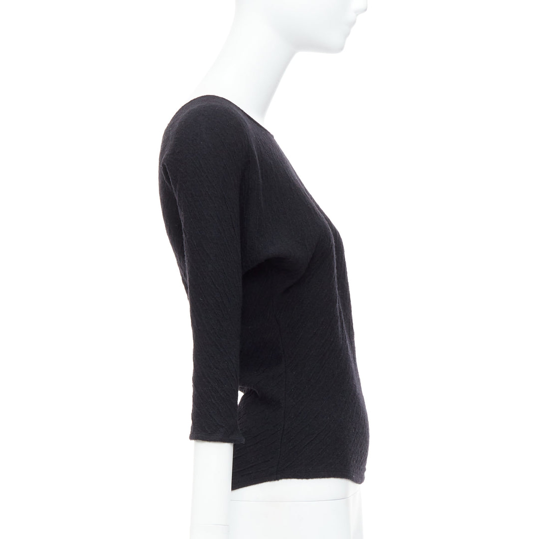 THE ROW black textured bateau neck cropped sleeve pullover top