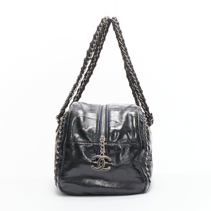 CHANEL Ligne Bowler black patent leather CC woven chain satchel bag