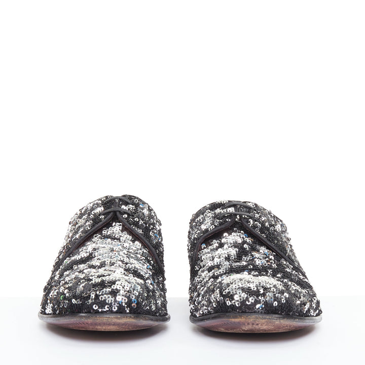 DOLCE GABBANA silver black speckled pailette sequin derby loafer shoes UK9 EU43