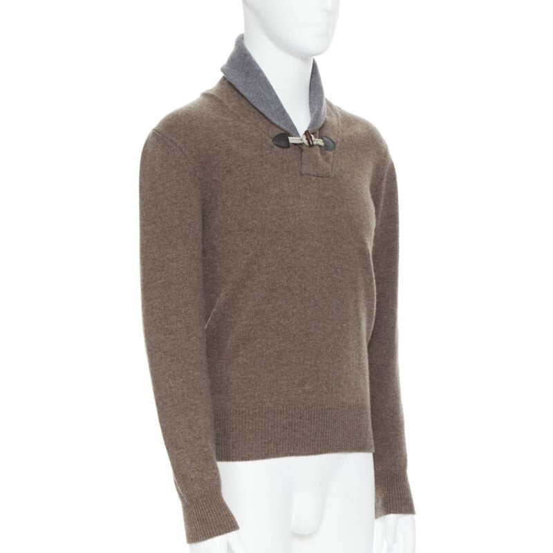 HACKETT Merino Cashmere brown grey shawl collar toggle pullover sweater XS