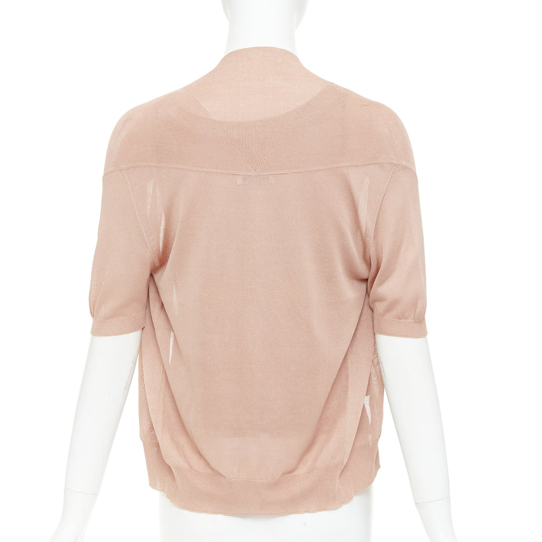 NINA RICCI beige pink 100% silk black button scoop neck cardigan vest set S