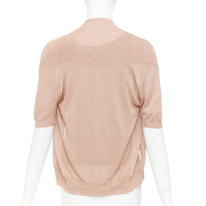 NINA RICCI beige pink 100% silk black button scoop neck cardigan vest set S