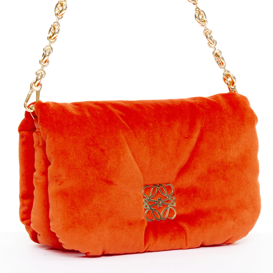LOEWE Mini Goya Puffer coral red orange velvet gold chain puffer cushion bag