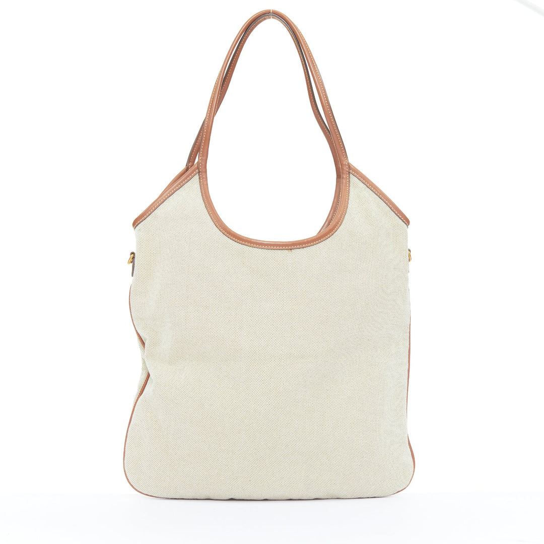 MIU MIU 2023 Ivy beige canvas brandy brown leather trim shoulder tote bag