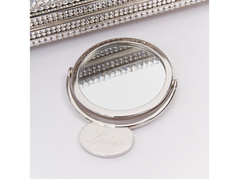 JUDITH LEIBER silver crystal encrusted metal clasp chained minaudiere clutch bag