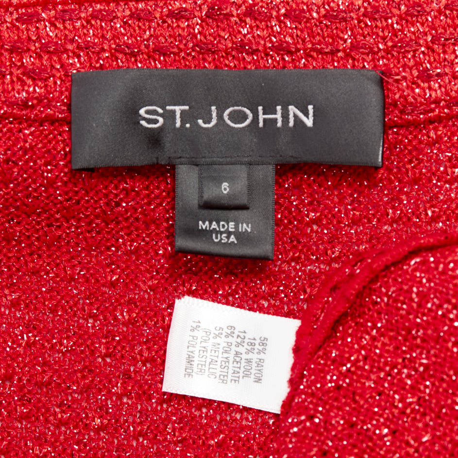 ST JOHN COUTURE red metallic tweed knit crystal buttons peplum blazer US6 M