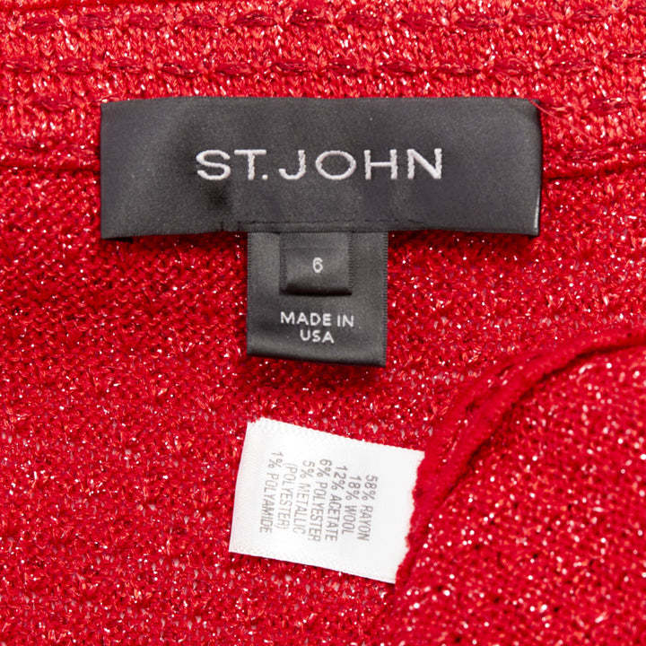 ST JOHN COUTURE red metallic tweed knit crystal buttons peplum blazer US6 M