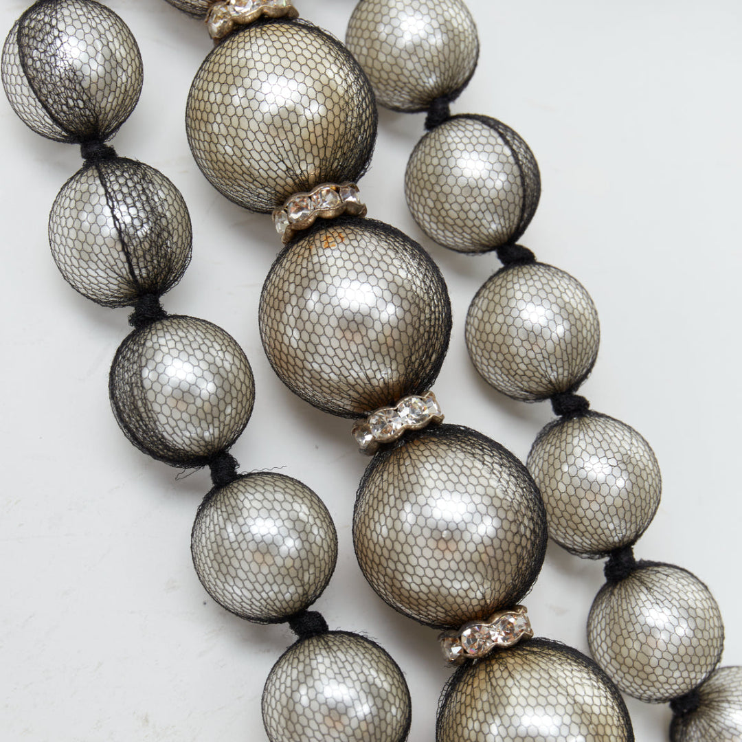 rare LANVIN black strand wrapped faux pearl crystal ribbon tie necklace