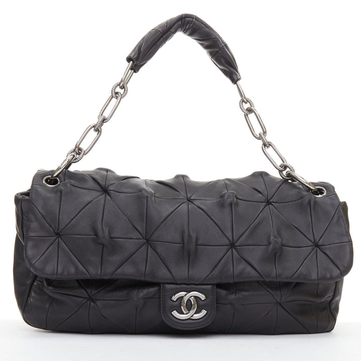 CHANEL Soft Squares Origami black leather silver CC logo chain shoulder flap bag