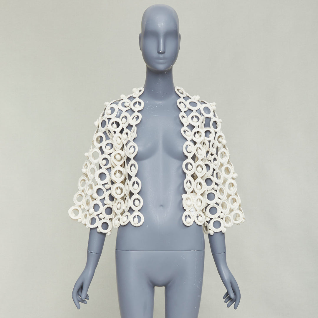 rare MOSCHINO 1980's Vintage cream macrome crochet drop ball crop jacket IT40 S