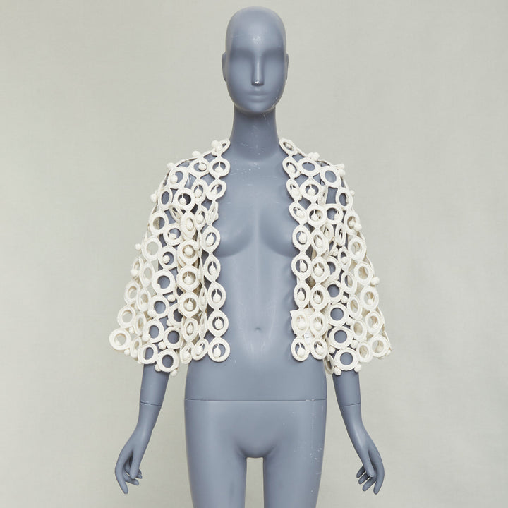 rare MOSCHINO 1980's Vintage cream macrome crochet drop ball crop jacket IT40 S