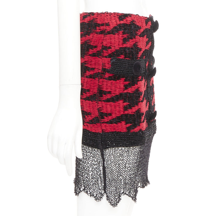 BALMAIN red black viscose blend tweed sequin trim velvet buttons skirt FR34 XS