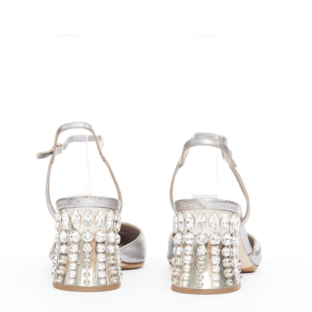MIU MIU silver leather jewel embellished block heel pump EU35.5