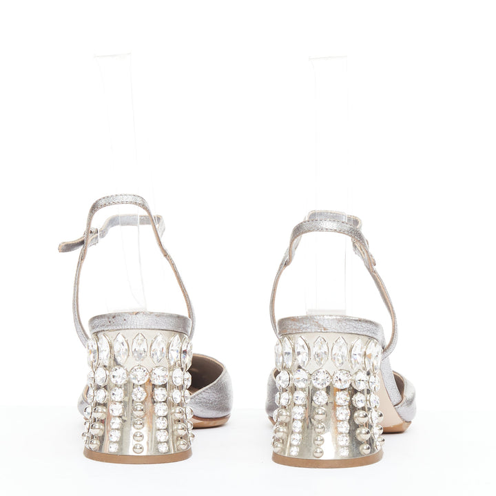MIU MIU silver leather jewel embellished block heel pump EU35.5