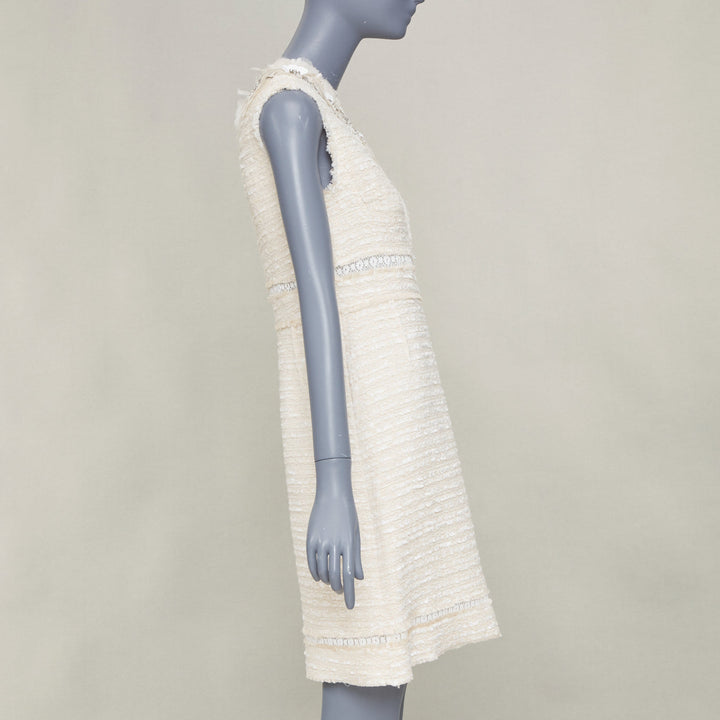 GIAMBATTISTA VALLI 2018 crystal embroidered neck ivory tweed dress IT40 XS