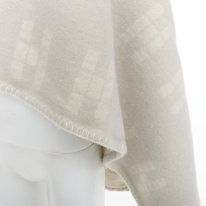 HERMES cream light grey cashmere wool H logo square throw blanket