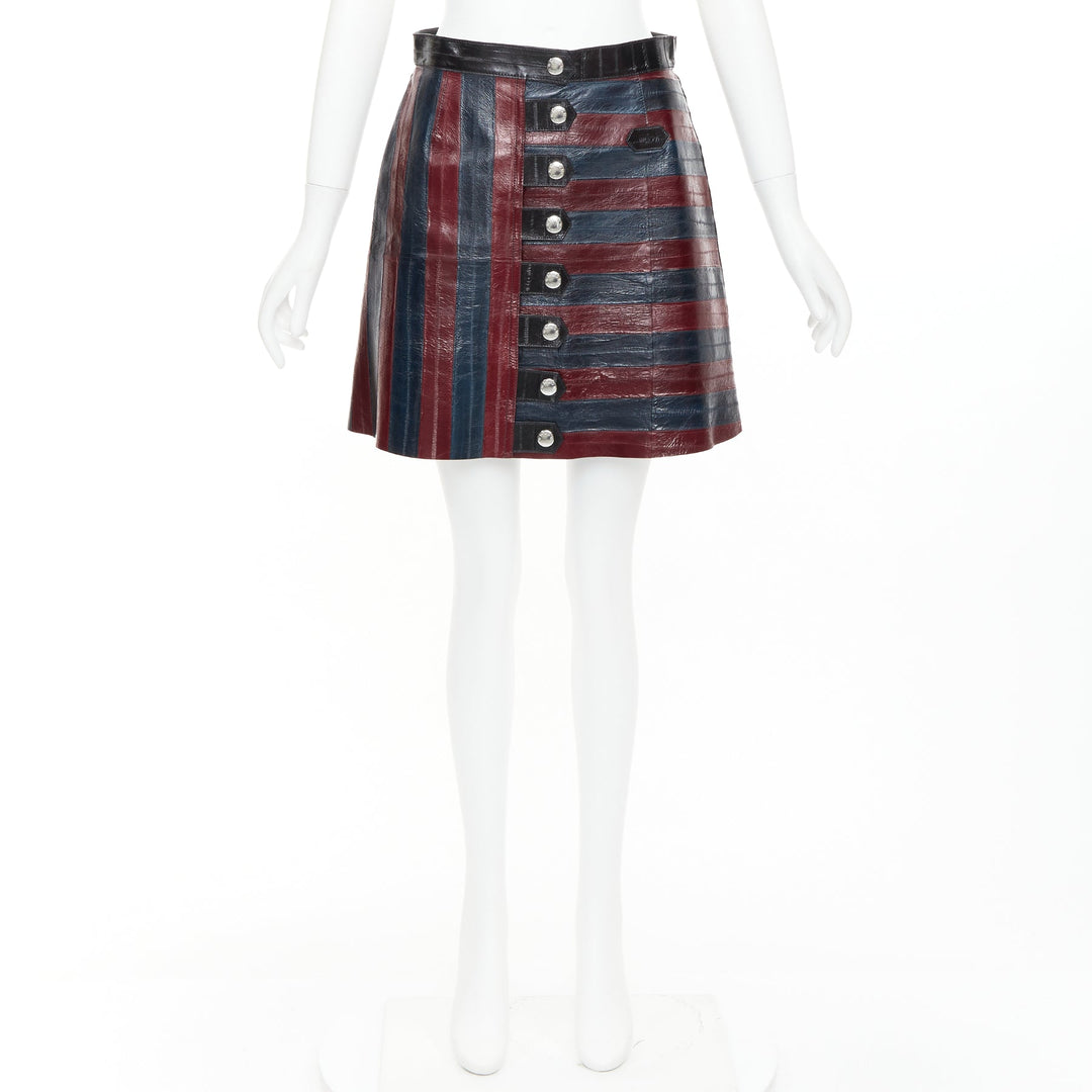 LOUIS VUITTON 2015 Runway burgundy navy eel leather patchwork skirt FR38 M