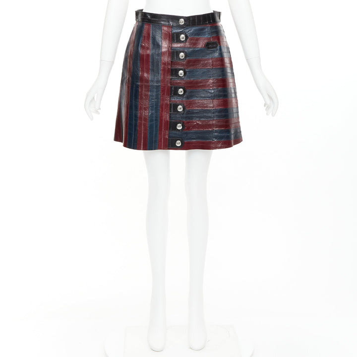LOUIS VUITTON 2015 Runway burgundy navy eel leather patchwork skirt FR38 M