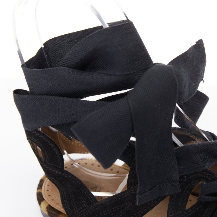 ALAIA black suede leopard pony hair wrap tie lace up gladiator sandals EU36.5