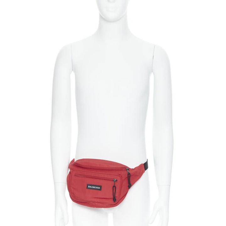 BALENCIAGA DEMNA red logo dual pocket nylon black waist belt crossbody bag