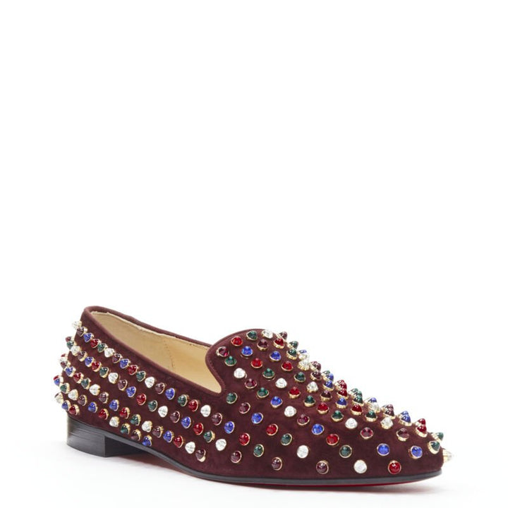 CHRISTIAN LOUBOUTIN Jewel tone Gripoix stud burgundy red suede loafer EU39.5