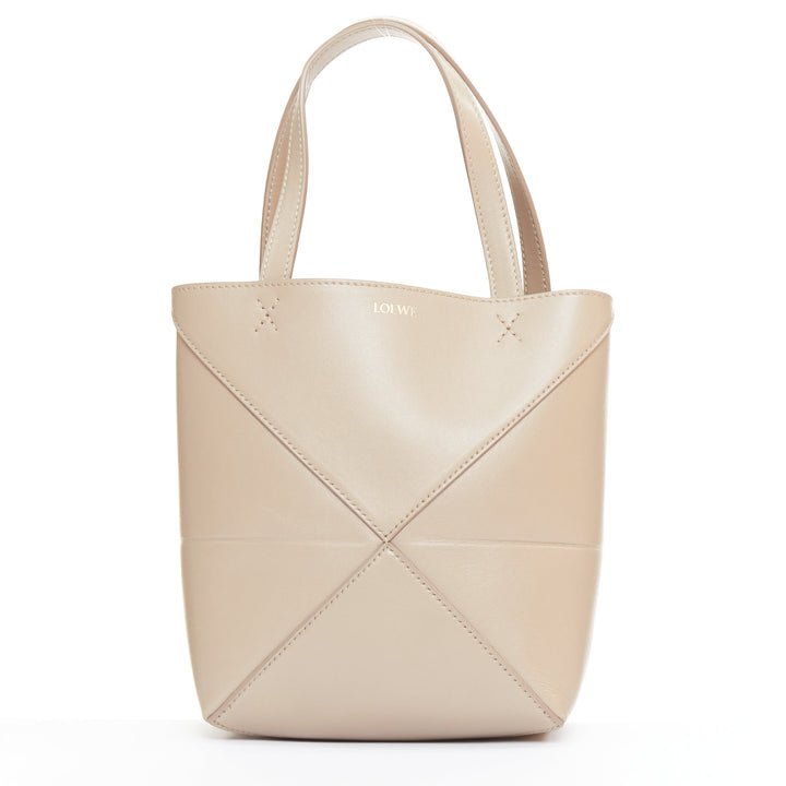 LOEWE 2023 Mini Puzzle Fold Tote sand grey leather gold logo top handle bag