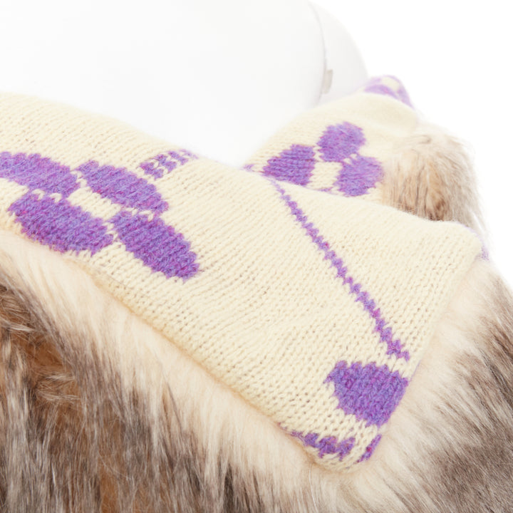 PRADA Raf Simons 2021 Runway brown fur purple floral jacquard clutch shawl IT38
