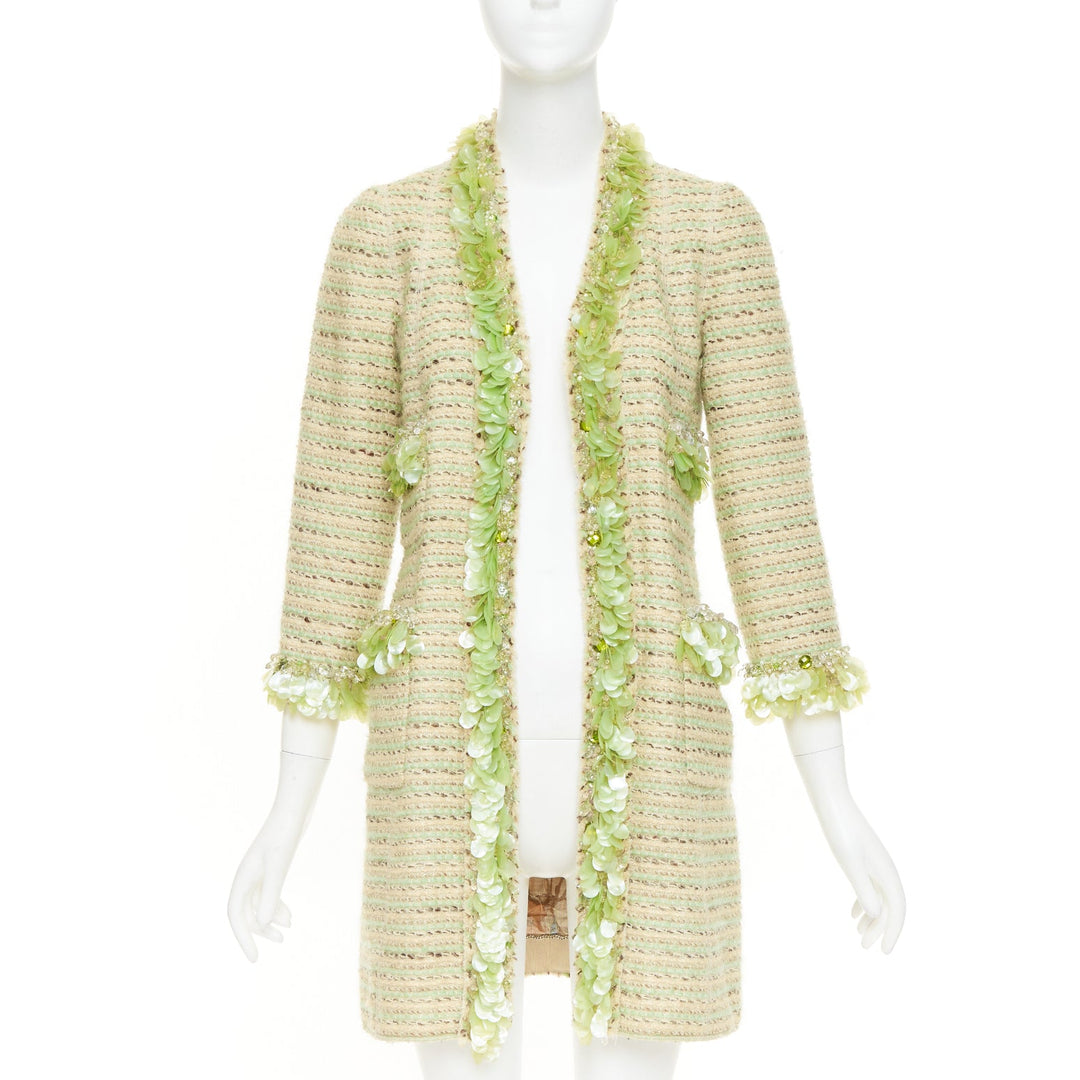 MARC JACOBS Runway green cream wool tweed boucle glass pailette coat US0 XS