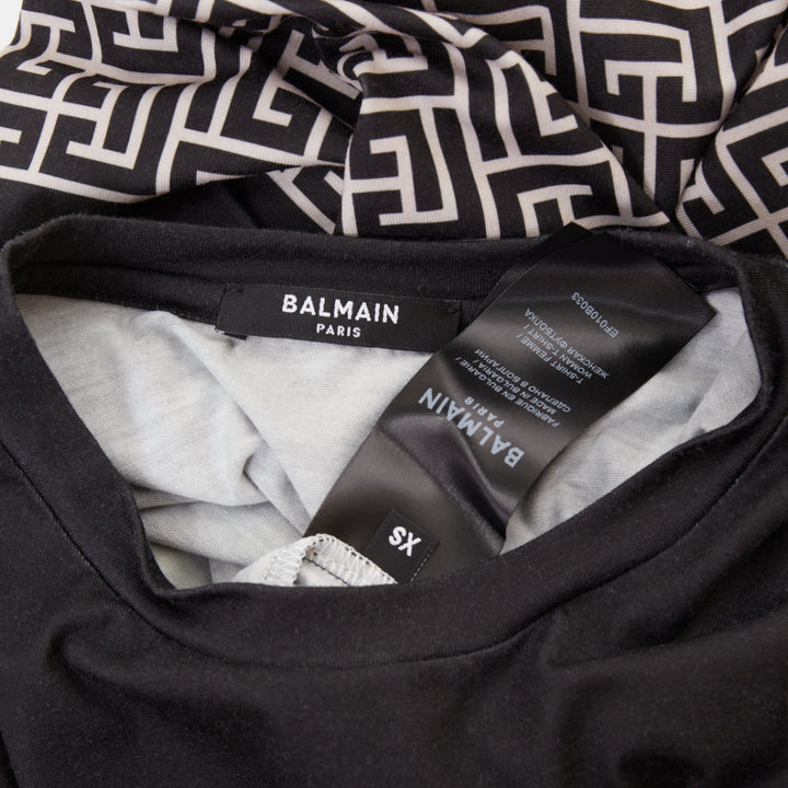 BALMAIN black yellow logo graphic printed rolled sleeves tshirt XS