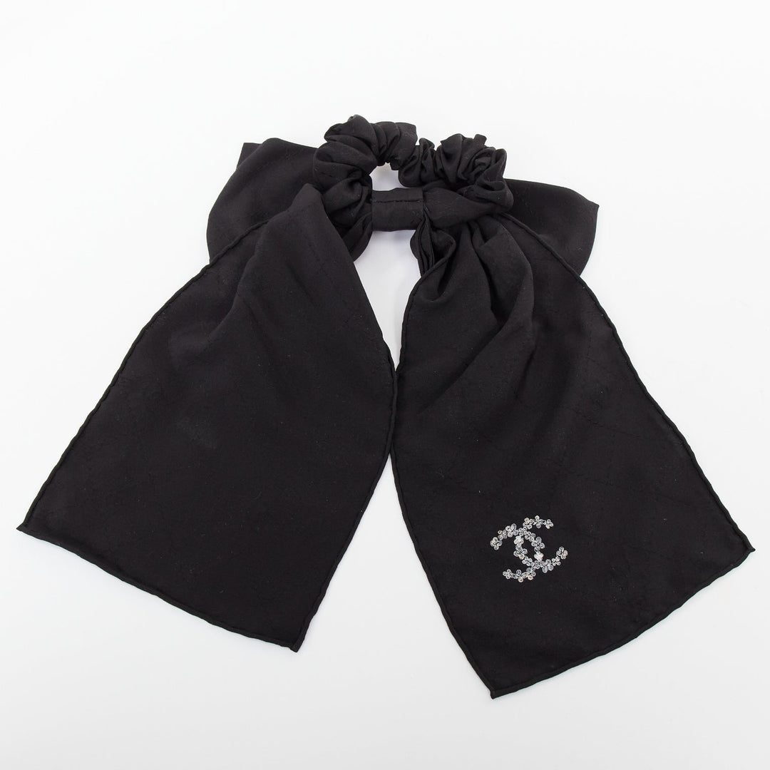 CHANEL black quilted pattern silk bow floral cc logo hair tie scrunchie