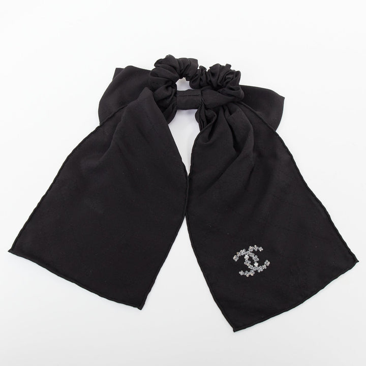 CHANEL black quilted pattern silk bow floral cc logo hair tie scrunchie