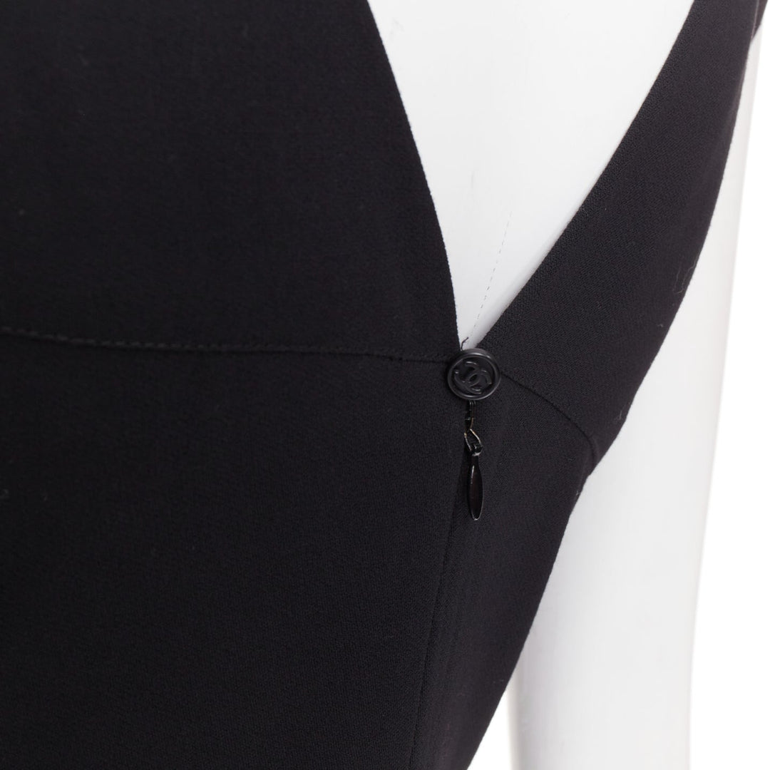 CHANEL 1998 asymmetric surplice black wool crepe cocktail sheath dress FR38 M