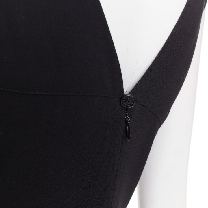 CHANEL 1998 asymmetric surplice black wool crepe cocktail sheath dress FR38 M