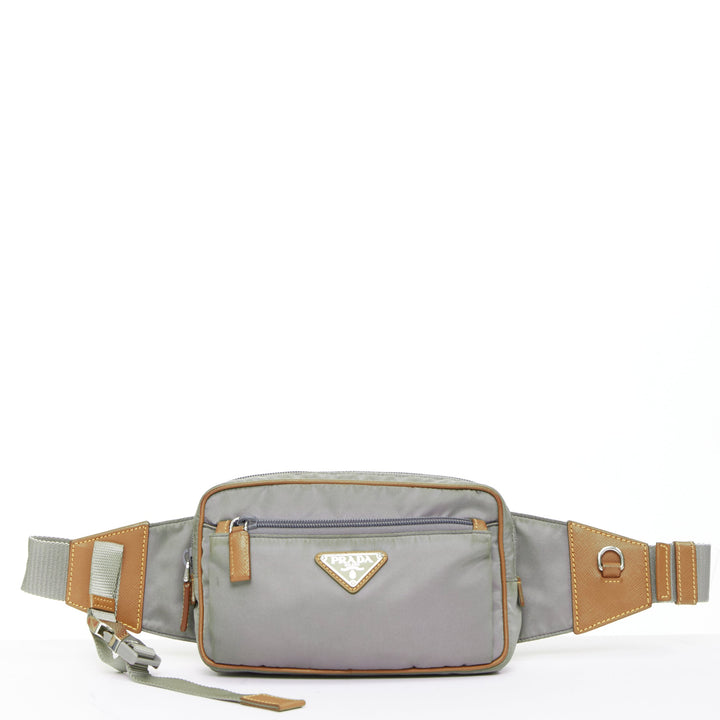 PRADA Tessuto Montagna grey nylon brown leather trim logo belt bag