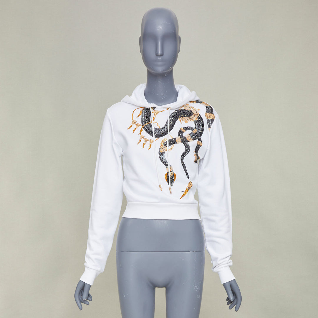 ROBERTO CAVALLI 2022 white cotton crystal embellish snake chain crop hoodie  XS