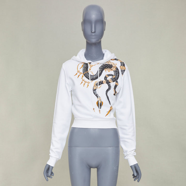 ROBERTO CAVALLI 2022 white cotton crystal embellish snake chain crop hoodie  XS