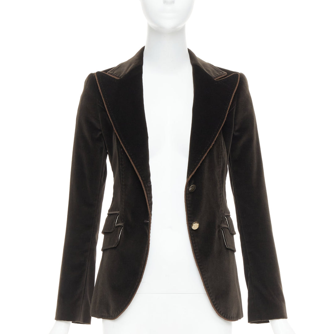 DOLCE GABBANA dark brown velvet rope pip peak lapel Le Smoking blazer IT38 XS