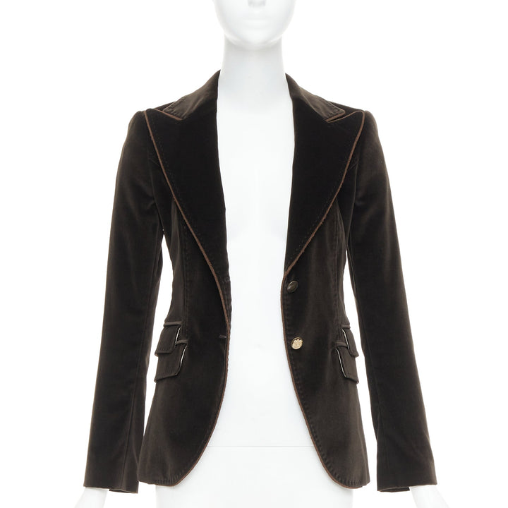 DOLCE GABBANA dark brown velvet rope pip peak lapel Le Smoking blazer IT38 XS